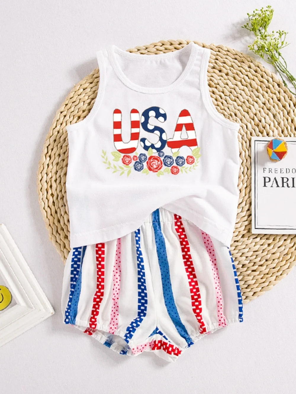 Girls Patriotic USA Tank & Shorts Set - White, Red, Blue